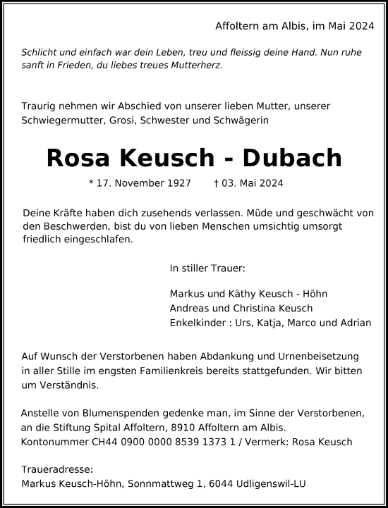 Zur Gedenkseite von Rosa Keusch-Dubach