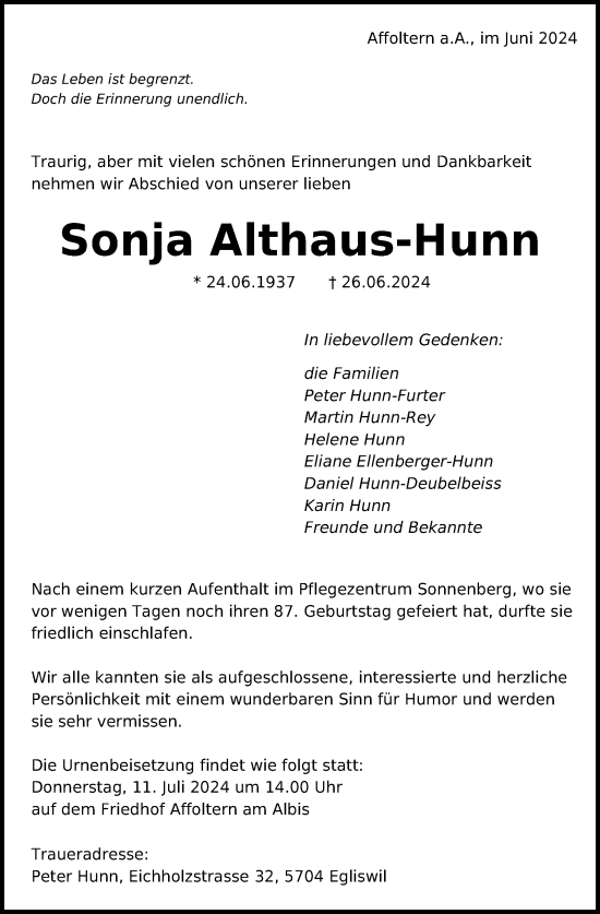 Zur Gedenkseite von Sonja Althaus-Hunn